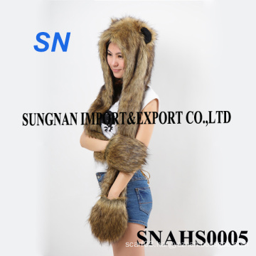 Fashion Faux Fur Animal Hoodie Scarf Hat Gloves Set